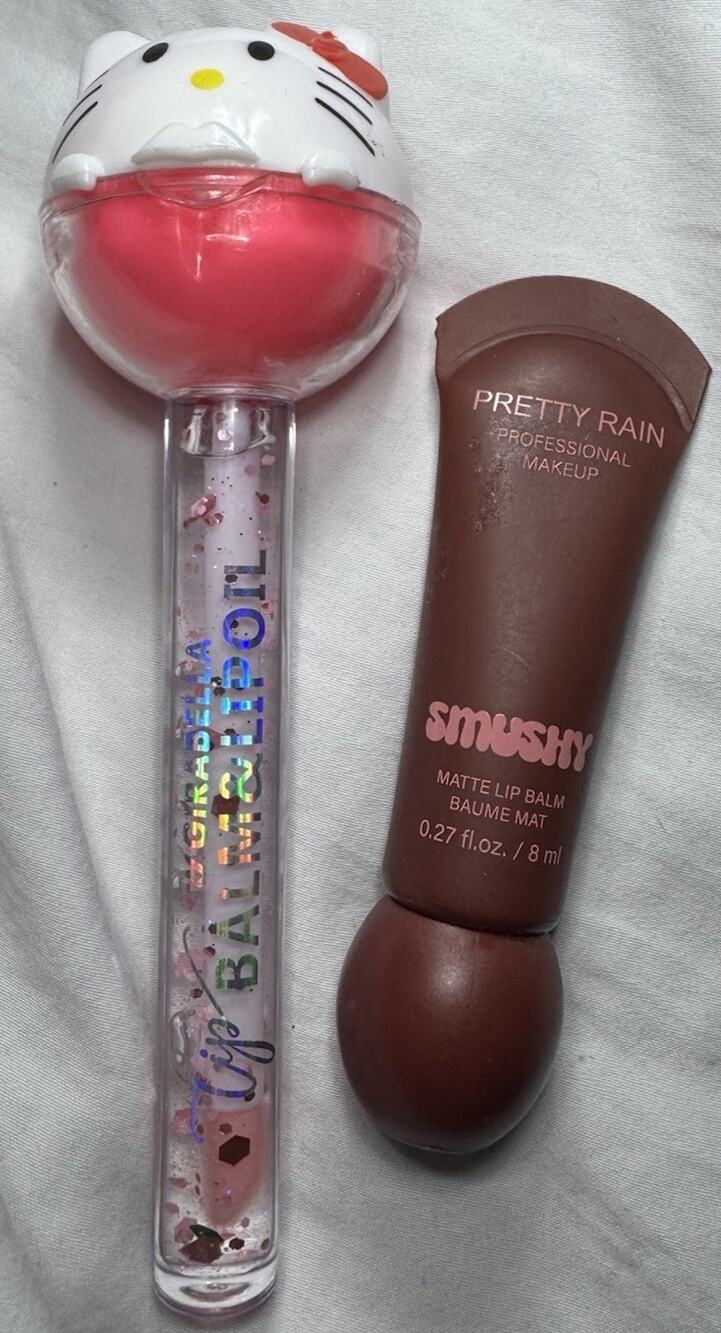 Lip Gloss Set of 2 Pretty Rain Smushy Matte Lip Balm Hello Kitty Glitter Lip NEW